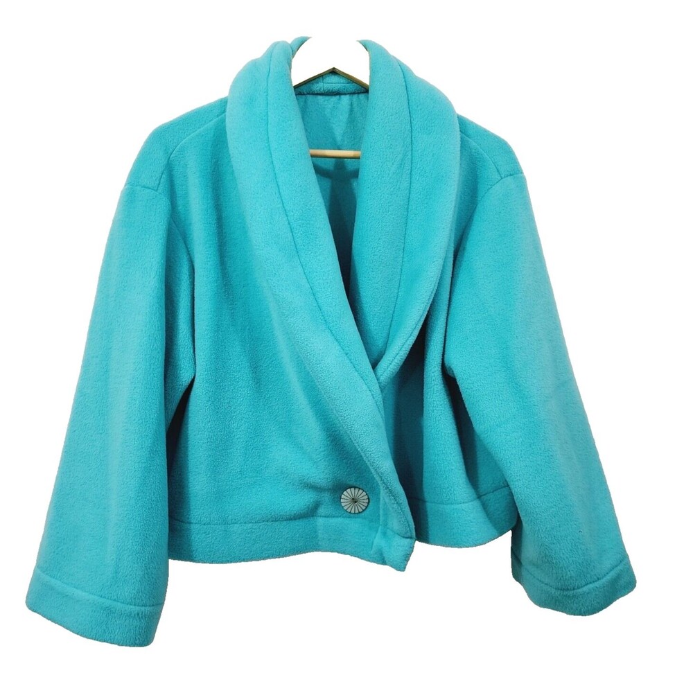 Vintage Handmade Teal Green Fleece Crop Jacket Chunky Button Front Women's XL 1X
